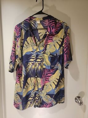 Bali Tropical Button-Front Short Sleeve Shirt - Navy, Yellow & Pink